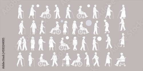 Elderly people illustration, senior walking with cane, old man wheelchair sketch, aging population vector, elderly lifestyle drawing, healthcare concept, aged mobility outline, senior care art