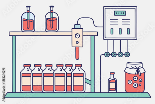 Illustration of lab equipment with bottles and jars filled with red liquid on shelves and a control panel