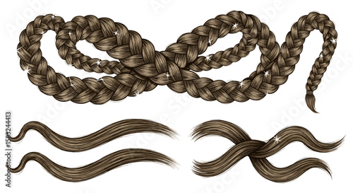 Illustration of a long brown braid and loose strands of hair on a white background design element