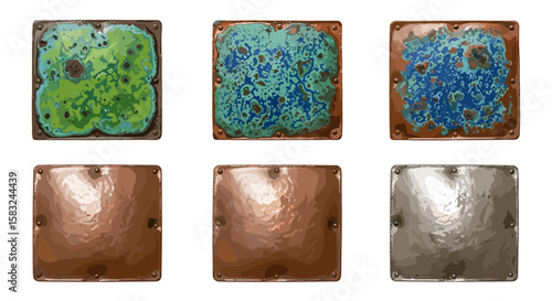 Collection of six metal plates with varying textures and colors arranged in two rows on white background