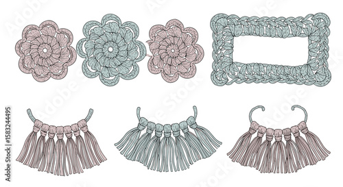 Illustration of three crochet flowers one crochet rectangle and three tassel decorations in a row