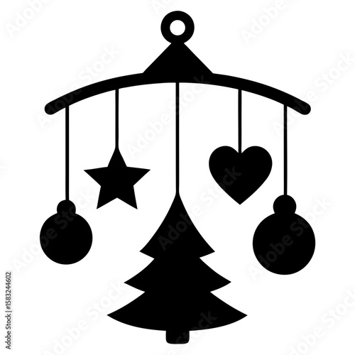 Hanging christmas ornaments star heart tree balls silhouette vector illustration