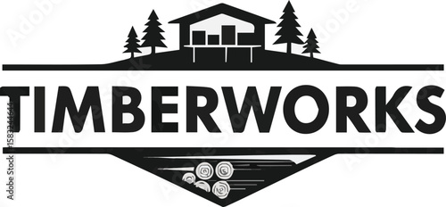 Create a Timber works monochrome emblem vector art with white background.
