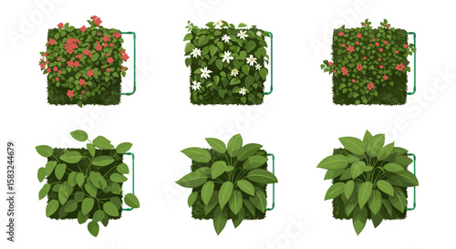 Illustration of six vertical garden planters with different plants and flower varieties displayed