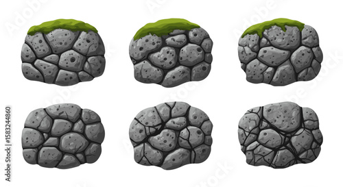 Collection of gray stone rocks with moss on top in different angles and perspectives on a white background
