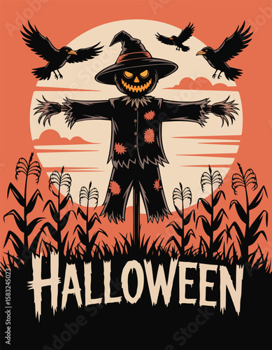 A spooky scarecrow stands menacingly amidst a cornfield, crows circling in the twilight, with "HALLOWEEN" boldly displayed