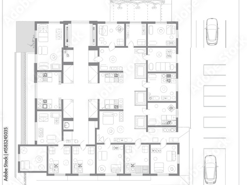Apartment floor plan, residential layout drawing, modern housing blueprint, top view architecture, interior design scheme, building plan illustration, multi-unit layout, real estate map