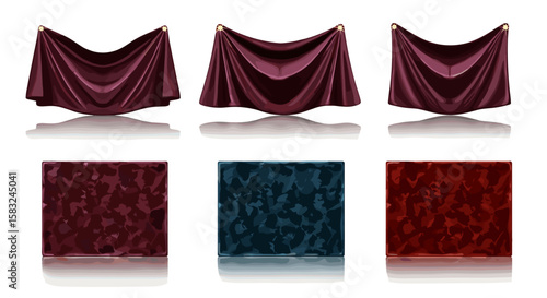 Three draped fabrics hanging above three textured blocks in varying colors on a white background