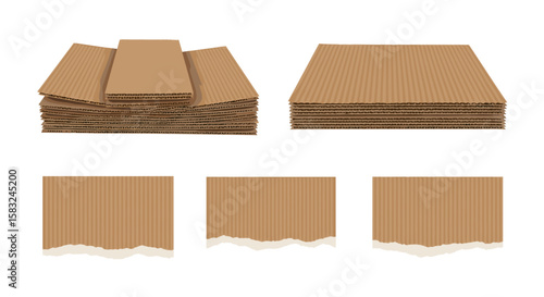 Stacks of corrugated cardboard sheets and torn pieces displayed on a white background surface view