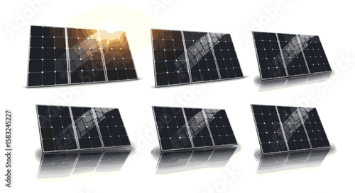 Six solar panels arranged in two rows reflecting light on a white background in a studio setup