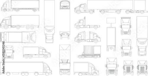Truck vector illustration, commercial vehicle blueprint, side top front view, cargo transport design, heavy truck drawing, logistics vehicle plan, delivery truck diagram, truck layout