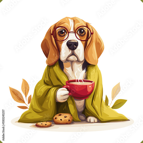 Vector illustration of a cozy beagle dog in glasses and blanket holding a red cup of hot drink with cookies, autumn leaves and warm colors, isolated on white background