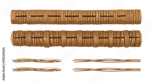 Illustration of two sections of woven straw with sticks and small bundles of sticks on a white background