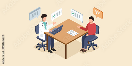 Healthcare consultation in modern flat style with doctor and patient interaction