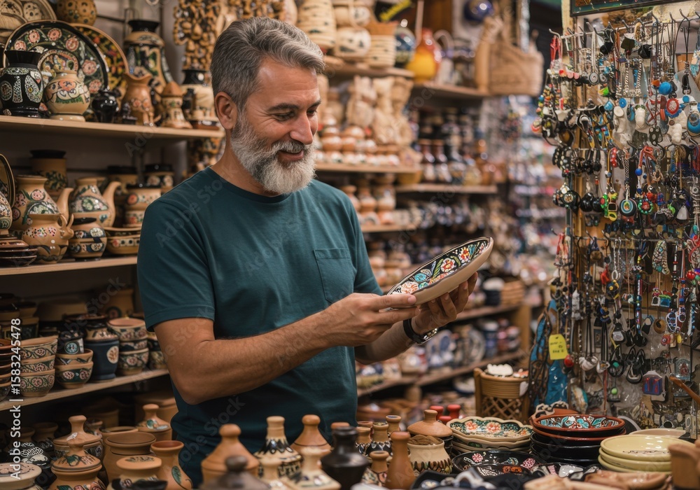 Obraz premium Elderly man examining ceramic dishes in a souvenir shop 