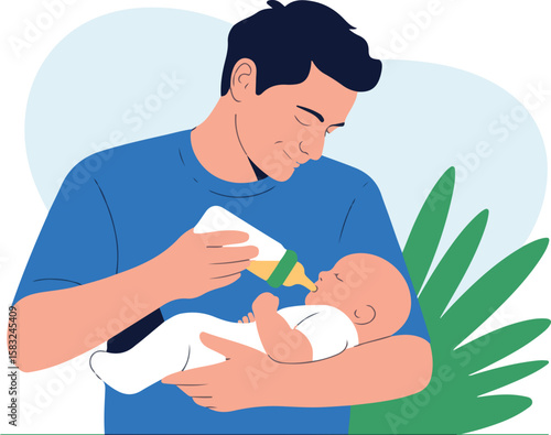 Father lovingly feeding his baby with a bottle. A tender moment of parental care and affection.