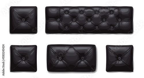 Arrangement of five black leather tufted cushions and a long rectangular tufted leather cushion piece