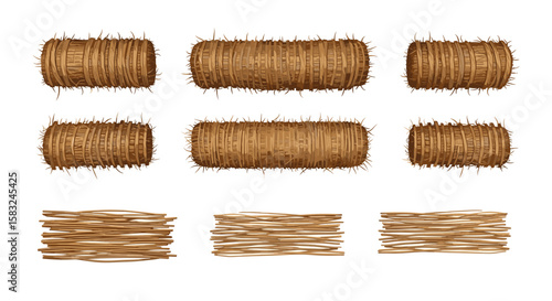 Collection of hay bales and woven wooden fence sections in varying sizes and orientations on white background