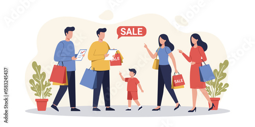 Family shopping spree during sale with parents and child in modern flat design