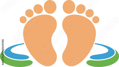 Footprint surrounded by water and grass. Simple illustration of foot prints with blue and green color, suitable for various purposes such as spa, summer, travel or healthcare themes