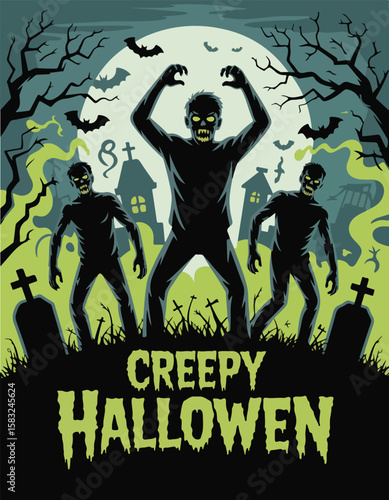 A spooky Halloween scene featuring zombies, bats, a full moon, and tombstones halloween flyer poster 2025
