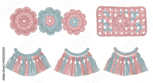 Illustration showing pink and blue crochet flowers square and tassel designs on a white background