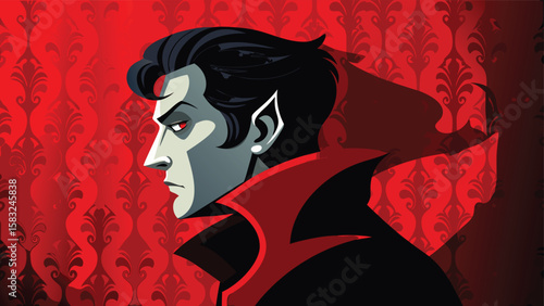 Illustration of a vampire with red eyes and pointy ears against a red patterned background design art