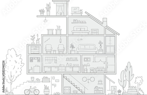 Modern house interior, cross section illustration, architectural blueprint, home layout vector, detailed floor plan, room design sketch, cozy apartment structure, indoor drawing