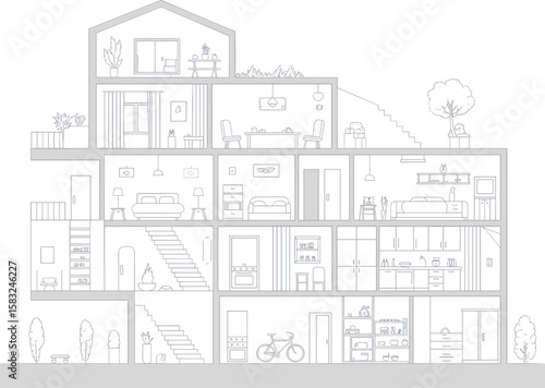 Modern house cross section, interior layout, architectural drawing, floor plan vector, detailed blueprint, home design illustration, apartment rooms, building structure, indoor layout