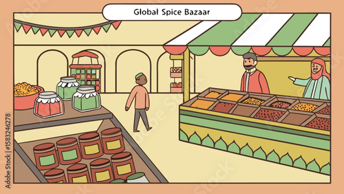 Illustration of a global spice bazaar with vendors, spices, and various market stalls display 100