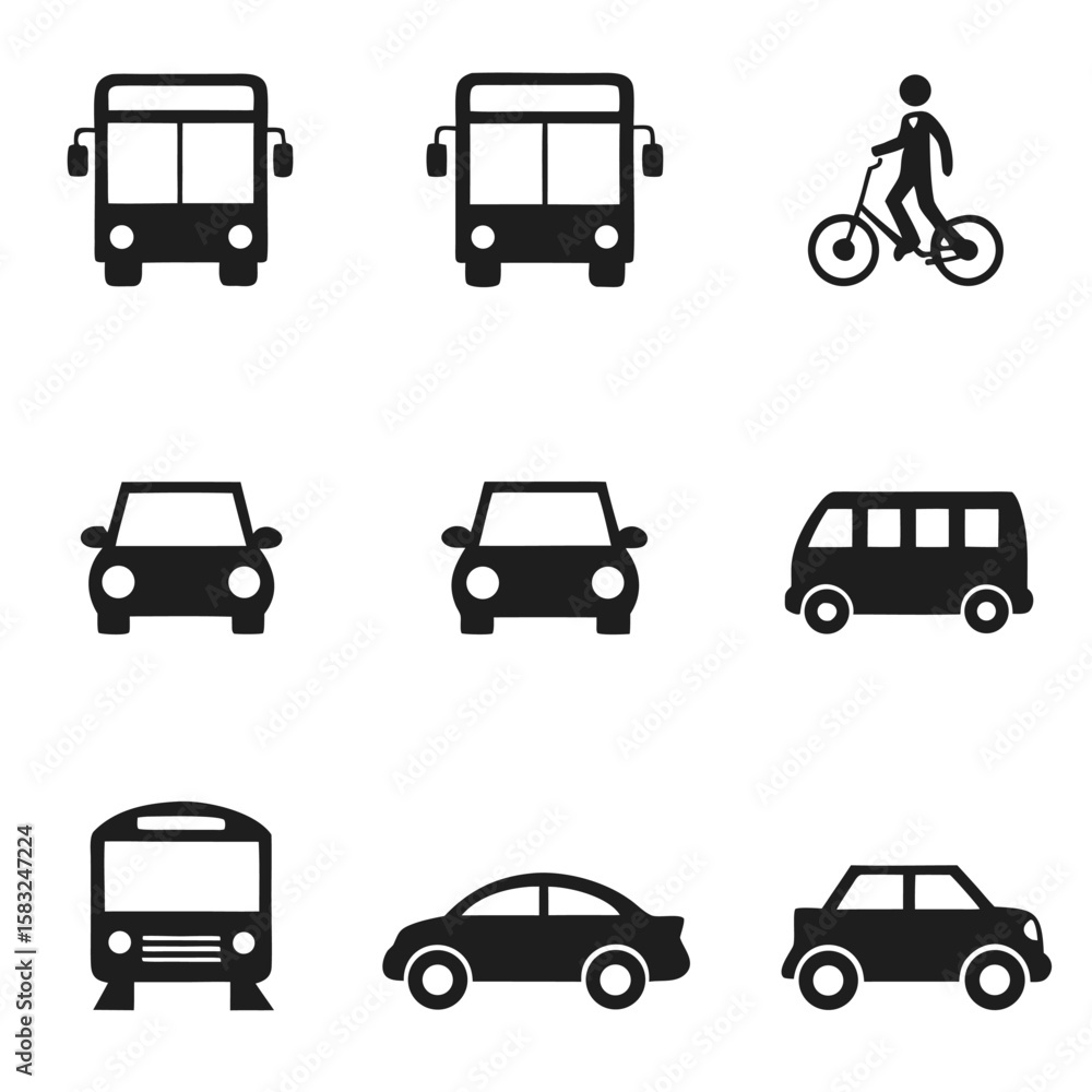 Fototapeta premium Transportation Icons Buses, Cars, and Cyclist Silhouette in Black