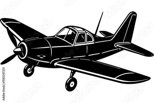 Vintage Aircraft Silhouette: A detailed silhouette of a classic vintage airplane against a clean background. Perfect for projects related to flight, travel, and aviation.