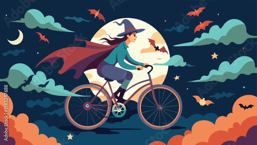 A witch cycles under the moonlight with bats and clouds in a halloween night scene illustration