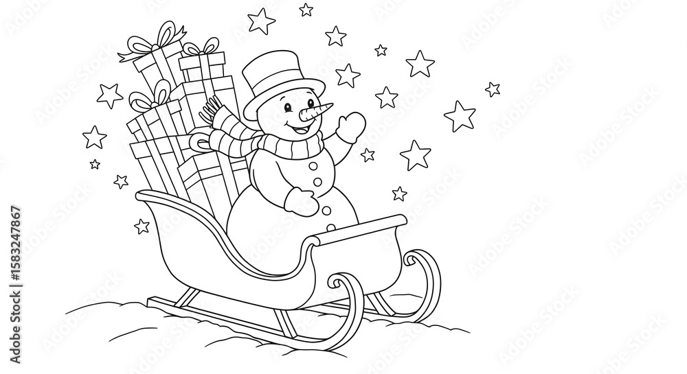 Coloring page illustration of a happy snowman driving a sleigh with presents stacked behind him and stars floating around — all in clean black line art, no colors, pure white background.
Coloring page illustration of a happy snowman driving a sleigh with presents stacked behind him and stars floating around — all in clean black line art, no colors, pure white background.