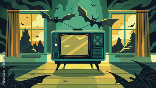 Retro television set with bats flying around in a room with windows and curtains at twilight hour