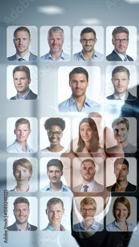 an extreme close-up of a professional male hand in a dark suit tapping a glowing holographic screen displaying diverse business profiles in a sleek office, concept of global talent management and