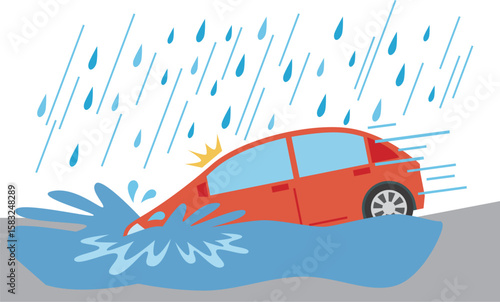 冠水に入り込む自動車