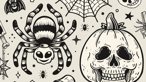Monochrome halloween themed pattern with spider, skull pumpkin, bat and spiderweb design elements