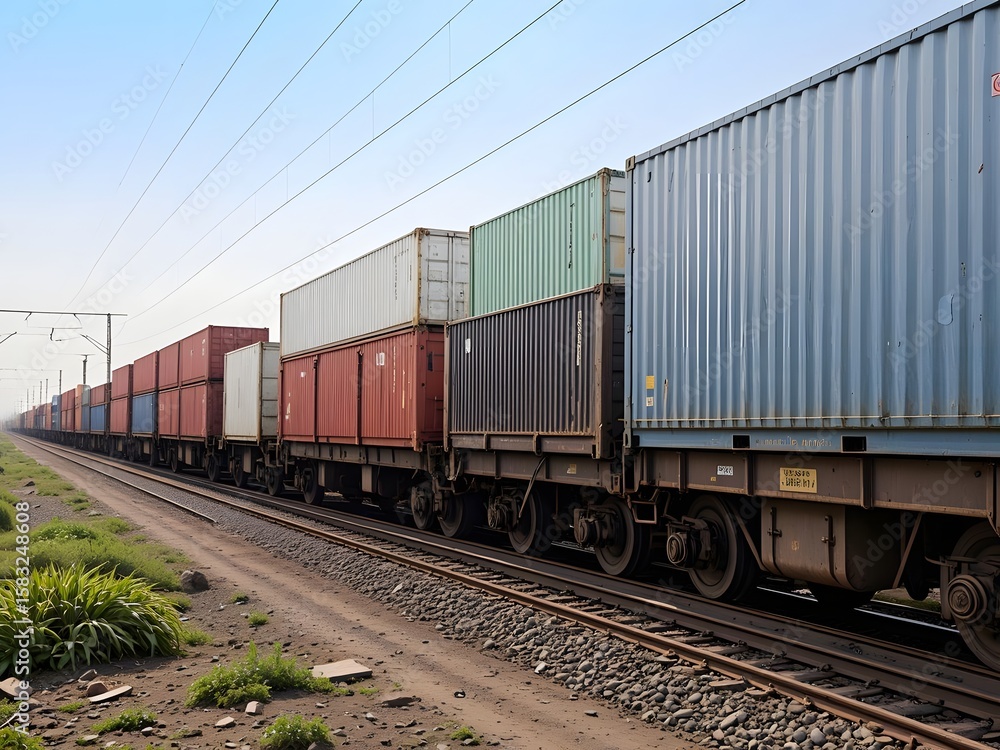 A long freight train carrying shipping containers on a railway track under a clear blue sky outdoors A long freight train carrying shipping containers on a railway track under a clear blue sky outdoors