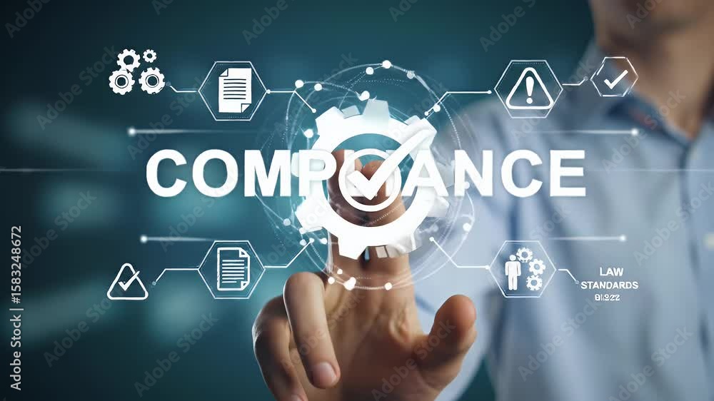 Compliance Concept on Virtual Screen Man in Blue Shirt Points with Finger at Touchscreen with Compliance Gears and Checkmark on a Defocused Background Compliance Concept on Virtual Screen Man in Blue Shirt Points with Finger at Touchscreen with Compliance Gears and Checkmark on a Defocused Background