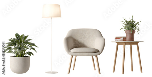 A realistic photo of an interior design concept, featuring a floor lamp with a white metal pole and a beige fabric chair next to it, and a side table in a light wood color holding green plants.