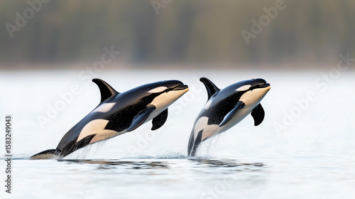 Realistic photo of a pod of orcas hunting together with black and white bodies cutting through waves in coordinated formation.