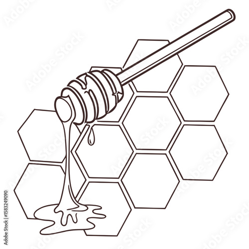 Illustration of honey dipper dripping honey onto a honeycomb pattern in black and white outline style