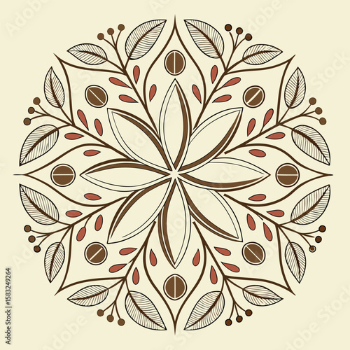 Floral mandala with coffee beans and leaves arranged in a symmetrical circular pattern design