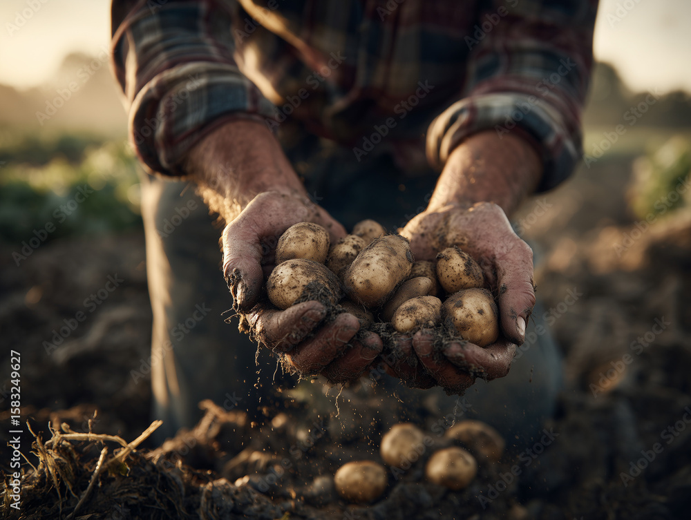 Farmer Harvesting Fresh Potatoes in a Field Farmer Harvesting Fresh Potatoes in a Field