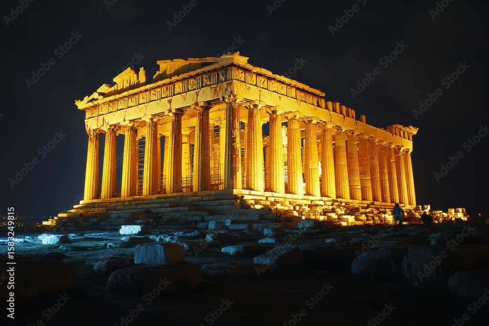 Fototapeta premium Illuminated Parthenon at night showcasing its timeless beauty in Athens, Greece