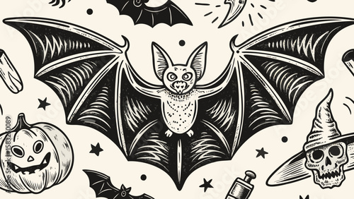 Illustration of halloween themed elements including a bat pumpkin and skull with a hat design