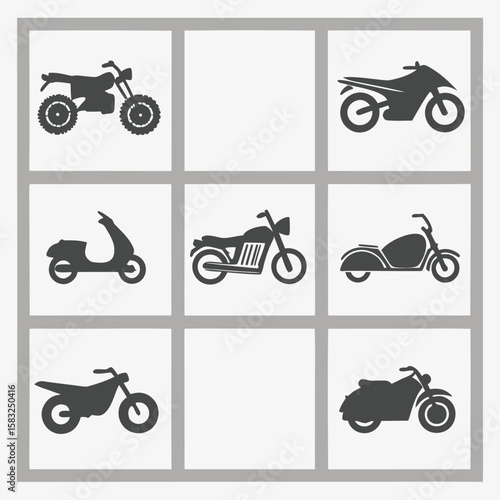 Set of motorcycle icons silhouettes featuring various bike illustration
