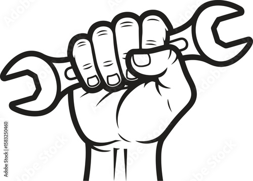 Strong hand holding a wrench vector illustration in black and white representing repair maintenance construction and the power of skilled labor isolated on white background
