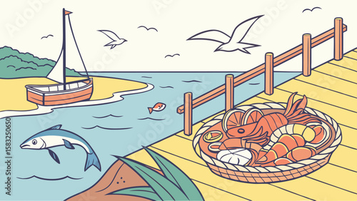 A coastal scene with a boat, fish, seagulls, and a basket of seafood on a wooden pier view